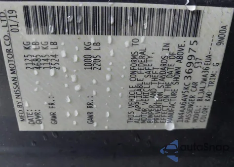 2019 Nissan Maxima 3.5 Sv из США, поврежденный, VIN 1N4AA6AV5KC369975